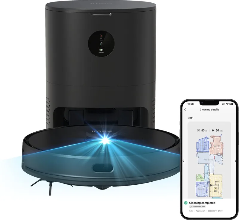 RV1 Pro Max - Robotstofzuiger Met Laadstation En Dweilfunctie - Razendsnelle Inkaartbrenging Door LIDAR sensor - Opslag Plattegrond Van 3 Verdiepingen - Automatische Lediging - 6000 Pa zuigkracht - 180 Minuten Aaneengesloten Reinigen fra Imou i Sort – produktbillede