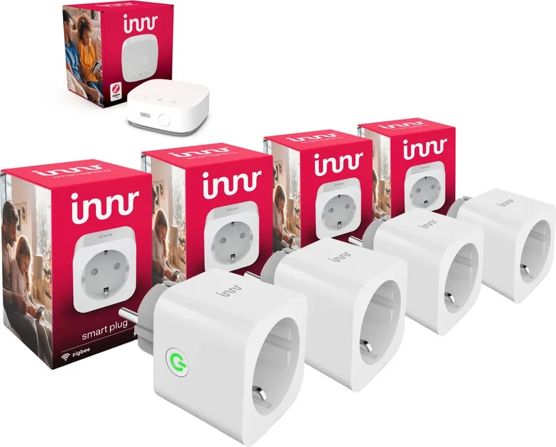 slimme stekker starterset - Zigbee - bridge + smart plug - smartplug met energiemeter - spraakbesturing - bedienen met app - 4 stuks + bridge by Innr in White – product photo