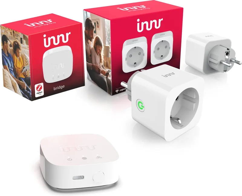 slimme stekker starterset - Zigbee - bridge + smart plug - smartplug met energiemeter - spraakbesturing - bedienen met app - 2 stuks + bridge de Innr en Blanc – photo produit