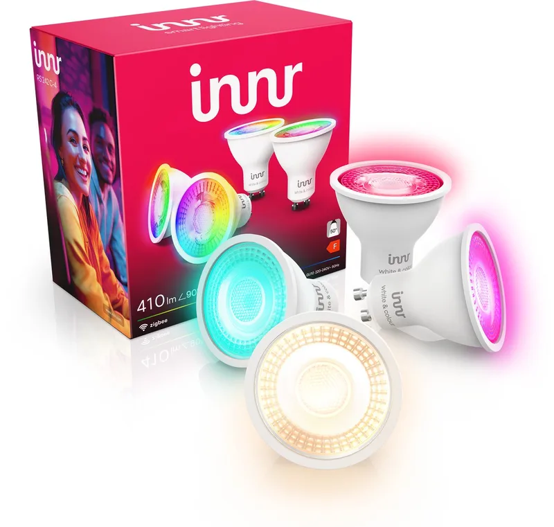 smart GU10 lamp - Zigbee - geschikt voor Philips Hue - LED spot - wit en gekleurd licht - slimme lamp - ledlamp dimbaar - 410 lumen - 4 pack van Innr – productfoto