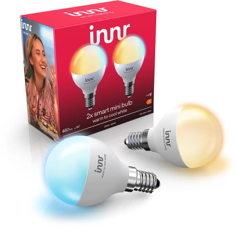 Zigbee E14 slimme kogellamp, geschikt voor Philips Hue, Warmwit tot Koelwit, dimbaar, 460 lumen, 2-Pack by Innr – product photo