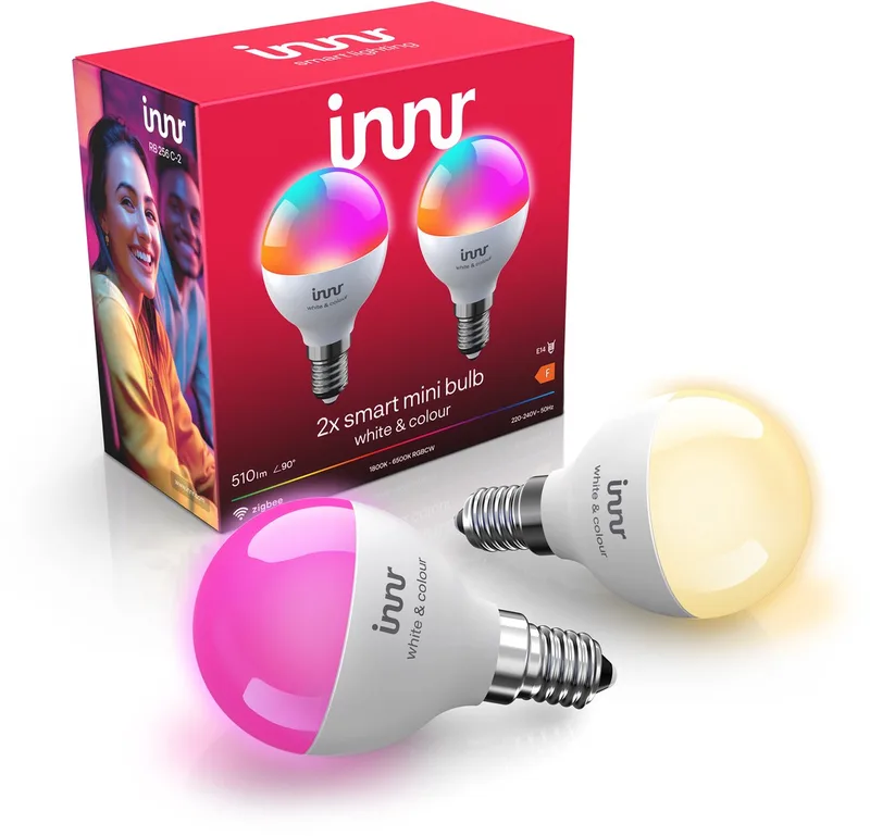 Zigbee E14 slimme kogellamp, geschikt voor Philips Hue, Wit en Kleur, 16 miljoen kleuren, dimbaar, 510 lumen, 2-Pack by Innr – product photo