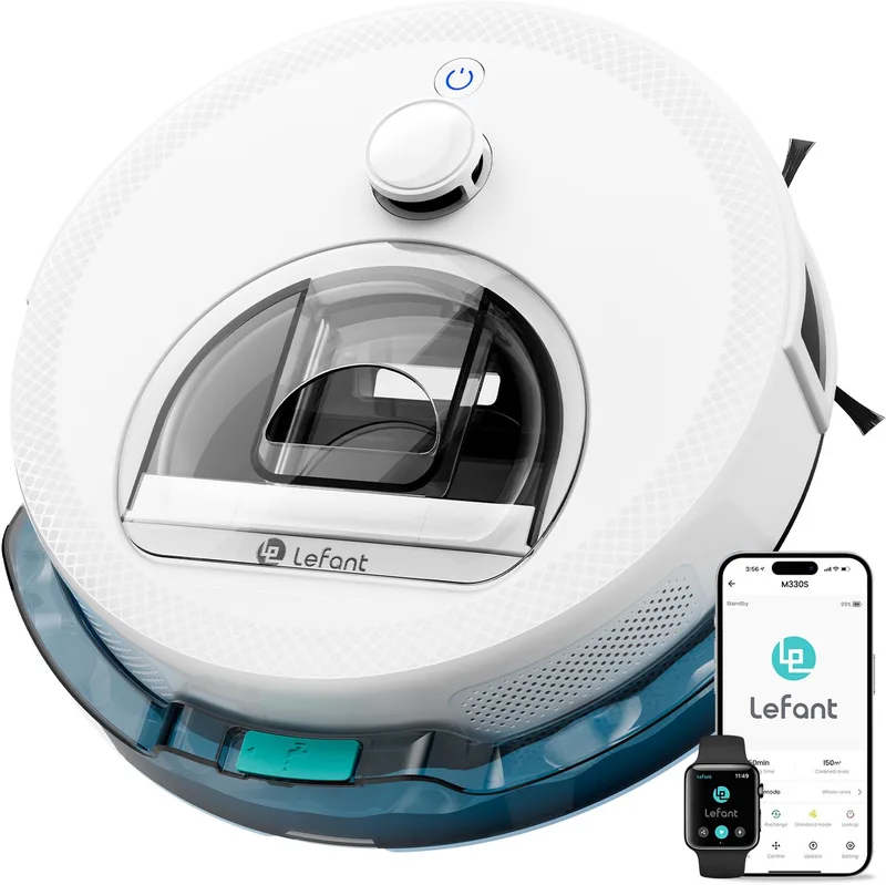M330S robotstofzuiger met 5000 Pa sterke zuigkracht - Anti-klitborstel - Inclusief laadstation - dTOF Lidar-navigatie - Dweilrobot - Bediening via app - Geschikt voor huisdieren en tapijt van Lefant in Wit – productfoto