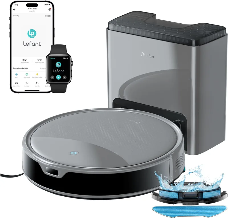 M350 MAX robotstofzuiger met dweilfunctie - Automatisch leegstation - Stofzuiger - 10.000 Pa zuigkracht - 2 extra stofzuigerzakken - Met app - Ideaal voor huisdieren by Lefant in Grey – product photo