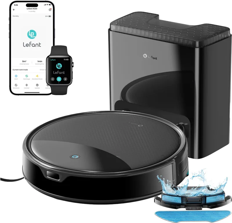 M350 Robotstofzuiger met dweilfunctie - Automatische lediging - Stofzuiger - 6000 Pa zuigkracht - Met oplaadstation - Bedienbaar via smartphone - ToF-navigatie - Met leegstation - Ideaal voor huisdieren by Lefant in Black – product photo