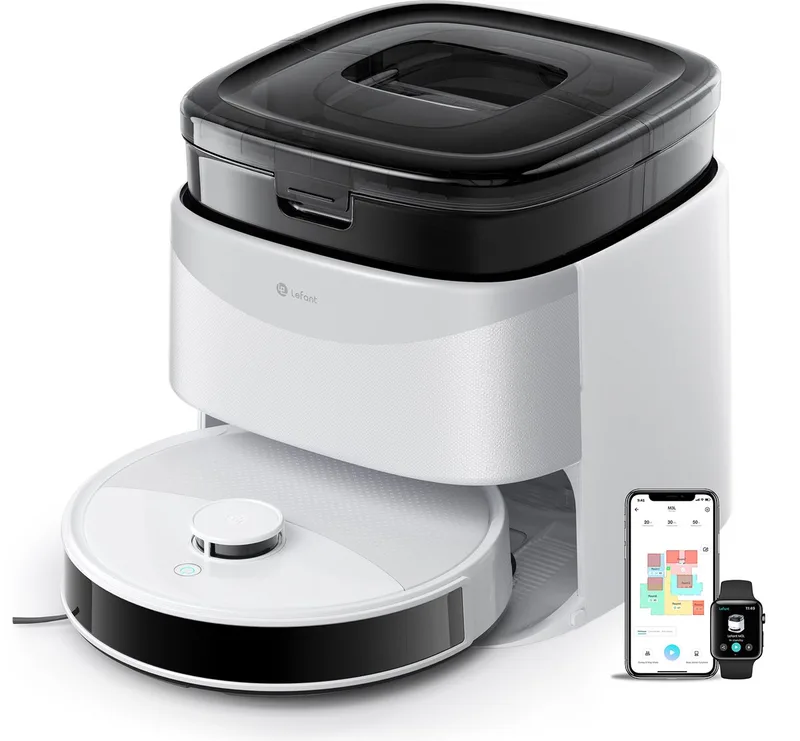 M3L - Robotstofzuiger met dweilfunctie en automatisch leegstation - 12.000 Pa zuigkracht - Alles-in-één station - Automatisch dweilen en drogen - App-bediening - Voor dierenhaar by Lefant in White – product photo