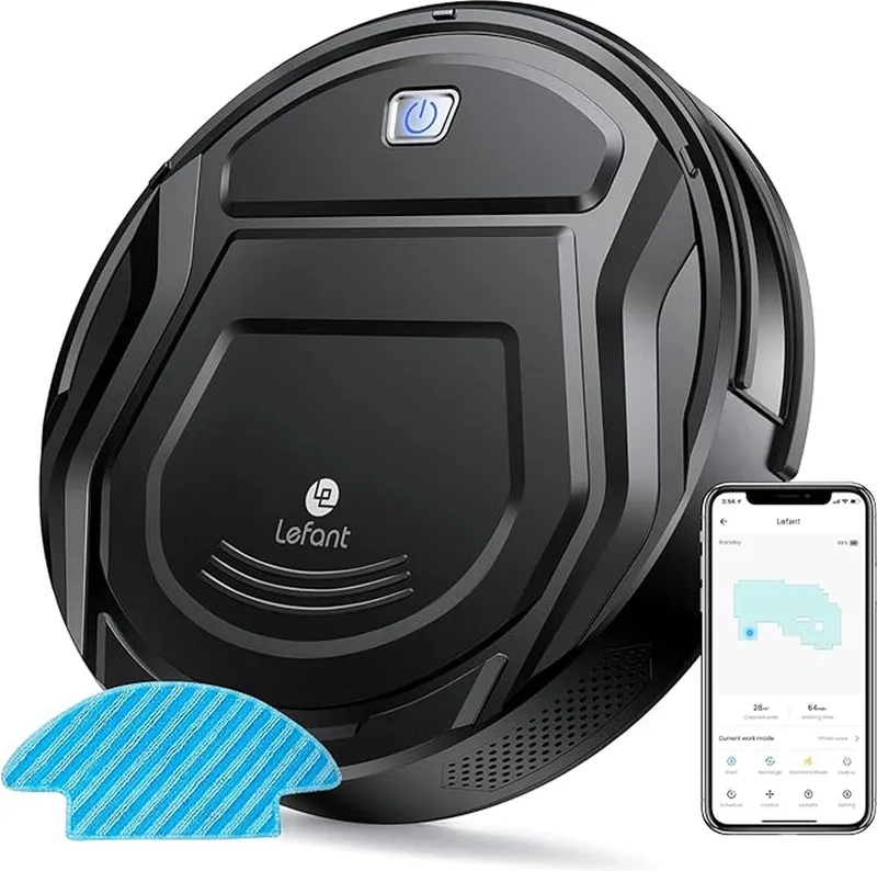 Robotstofzuiger Met Dweilfunctie - Robotstofzuiger Met Laadstation - Alexa Stem Besturing - Robotstofzuiger Huisdieren - Stille Schoonmaak - 6 Schoonmaak Standen by Lefant in Black – product photo