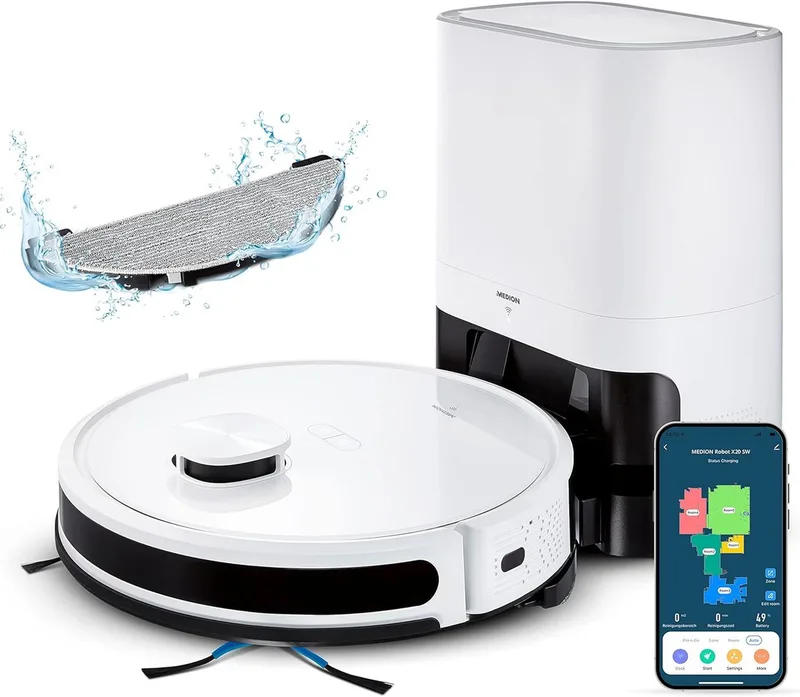 Nass-Trocken-Saugroboter MEDION MD11415 X20 SW+ Smarter Laser-Saugroboter Wischfunktion by MEDION in White – product photo
