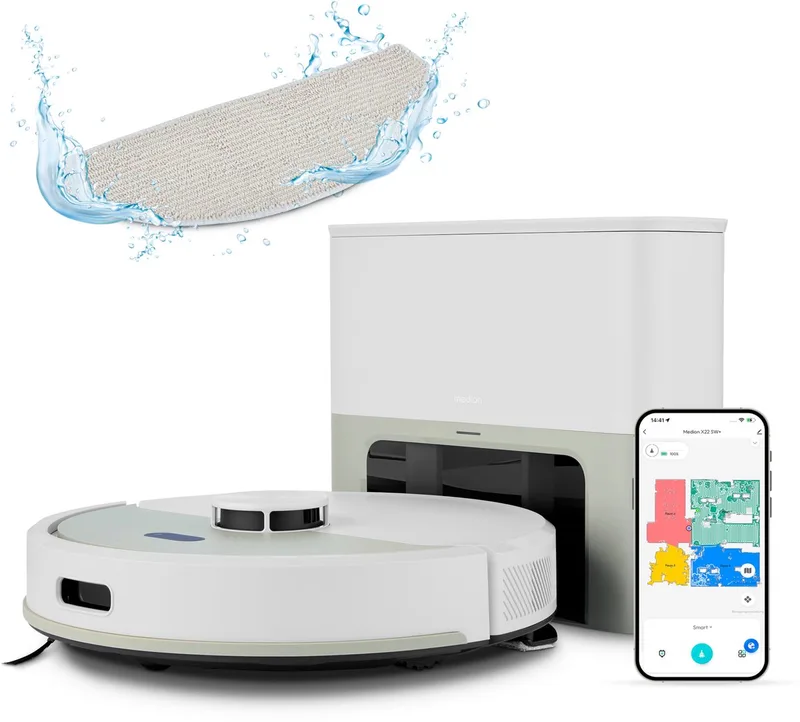 Robotstofzuiger met afzuigstation en dweilfunctie X22 SW+ (lasernavigatie, 5.000 Pa, 2-in-1, nauwkeurige mapping, no-go zones, meerdere etages, MD 100021) by MEDION in Grey – product photo