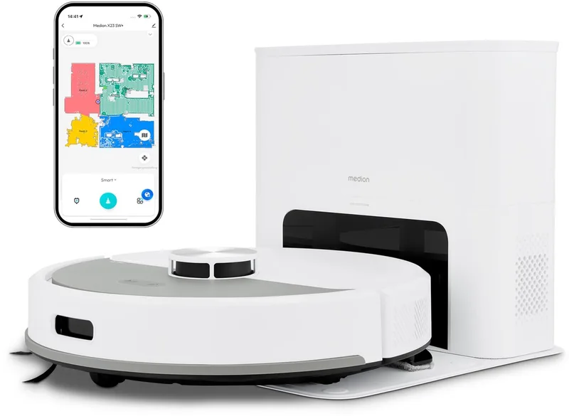 Saugroboter mit Absaugstation X23 SW+ von MEDION in Weiß – Produktfoto