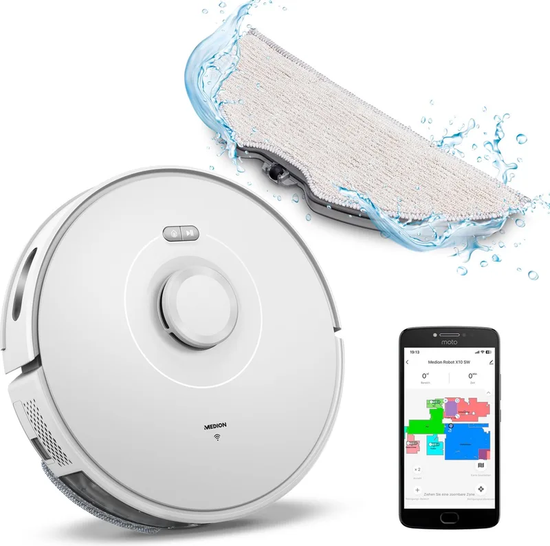 Robotstofzuiger met Lasernavigatie en Veegfunctie X10 SW (Krachtige 2.700Pa zuigkracht, 2in1 robotstofzuiger, nauwkeurig in kaart brengen, Go & No Go gebieden, meerdere vloeren) by MEDION in White – product photo