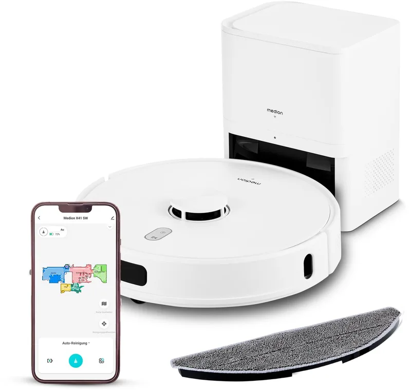 robotstofzuiger met zuigstation, lasernavigatie en wisfunctie X41 SW+ (krachtige 8000Pa zuigkracht, 2in1 robotstofzuiger, nauwkeurig in kaart brengen, Go & No Go zones, meerdere vloeren) by MEDION in White – product photo