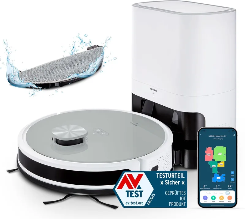 Saugroboter mit Absaugstation und Wischfunktion X21 SW (Lasernavigation, Starke 3000Pa Saugkraft, 2in1 Roboterstaubsauger, präzise Kartenerstellung, Go & No Go Bereiche, mehrere Etagen) von MEDION in Grau – Produktfoto
