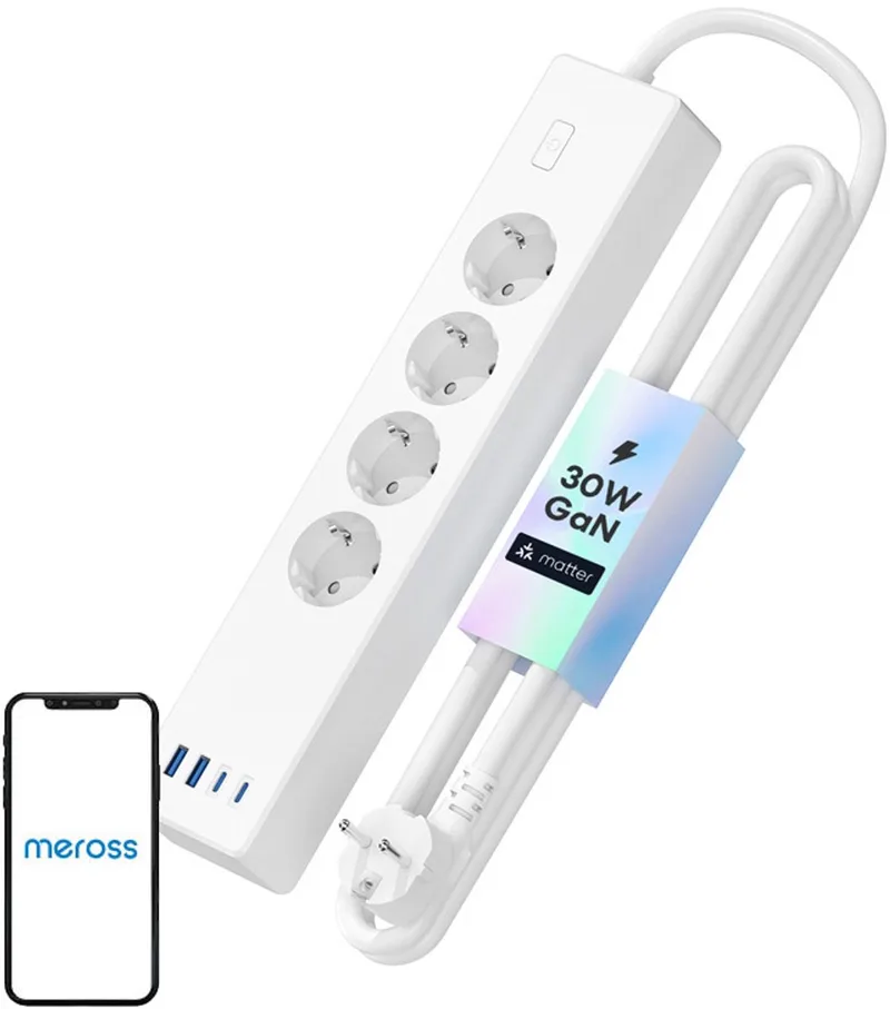 Merossi Stekkerdoos Msp844 Met 4 Stopcontacten Voor Huishoudelijke Apparaten, Tv's Met Hoog Vermogen. van Meross in Transparant – productfoto