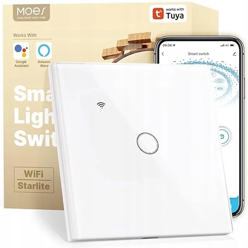 Slimme Touch Schakelaar 1-kanaals WiFi + RF433MHz Tuya fra MOES i Hvid – produktbillede