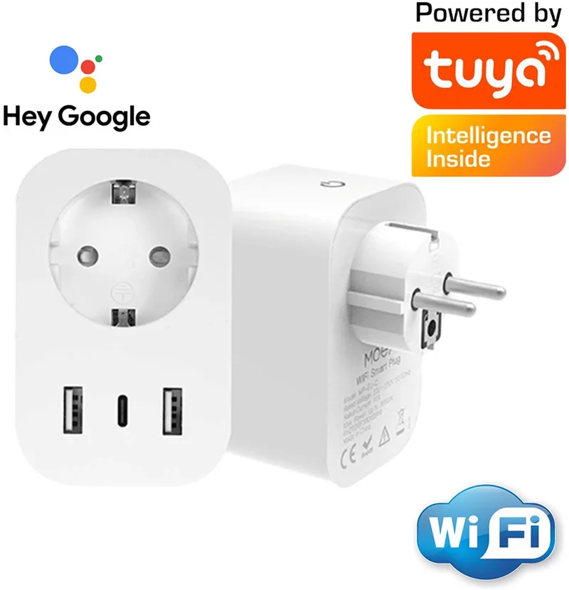 Smartplug met USB-C | Wifi | 3680W | 2x usb type A | Werkt met Tuya Smart en SmartLife | energiemonitor | 16A | fastcharging | slimme stekker usb c by MOES in White – product photo