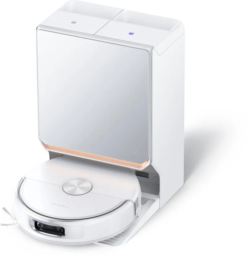 Flow 2 Robotstofzuiger met Dweilfunctie - 31.000 Pa - Zelfreinigend all-in-one Basisstation von Narwal in Weiß – Produktfoto