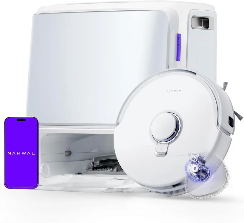 Freo Z10 Robot Vacuum Cleaner and Mop with Anti-Burdock System, 15,000Pa, 75°C Cleaning, Drying, Automatic Lift, Self Emptying, Obstacle Avoidance, for Pet Hair de Narwal en Blanc – photo produit