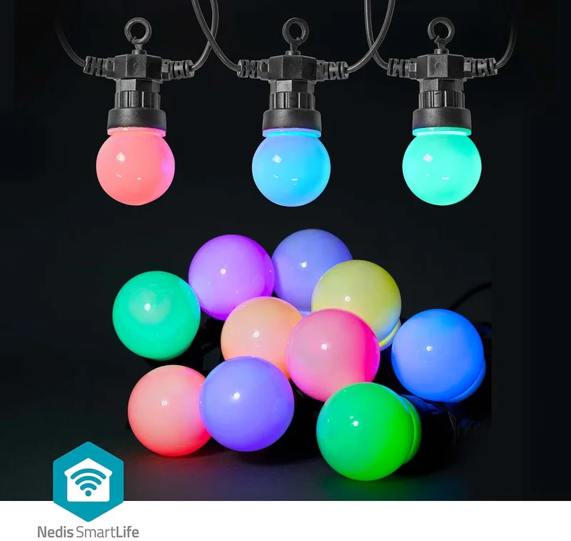 SmartLife Decoratieve Verlichting - Feestverlichting - Wi-Fi - RGB / Wit - 10 LED's - 9.00 m - Android / IOS - Diameter bulb: 50 mm by Nedis – product photo