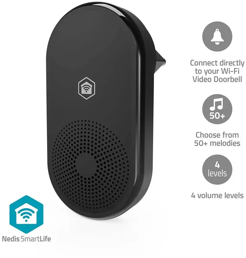 SmartLife Gong - RF, frequentie 433 MHz - Accessoire voor: WIFICDP11BK / WIFICDP21BK / WIFICDP31BK - Netvoeding - 55 melodieën - Instelbaar volume by Nedis in Black – product photo