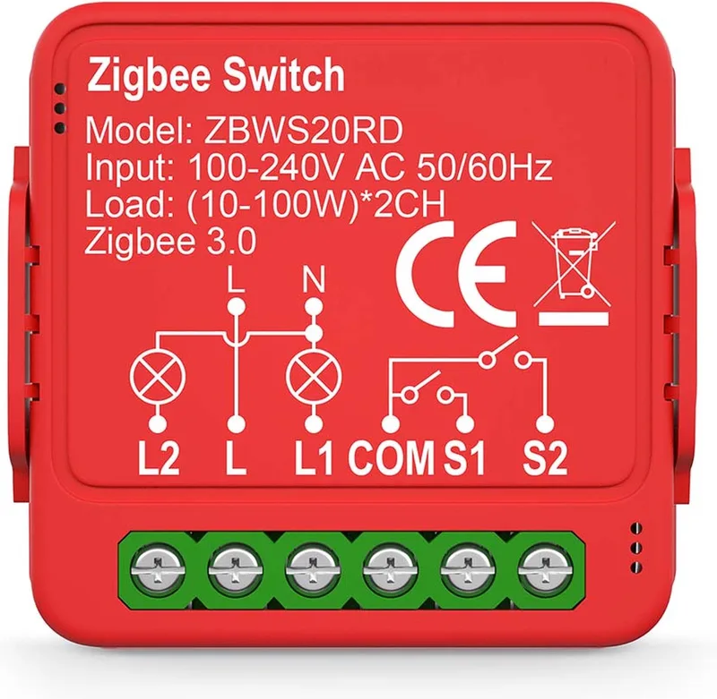SmartLife inbouwmodule - Dubbele schakelaar - 2 x 100 W - Kroonsteen - App beschikbaar voor: Android / IOS van Nedis in Rood – productfoto