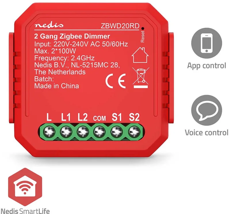 SmartLife inbouwmodule - Dubbele Triac Dimmer - 2 x 100 W - Kroonsteen - App beschikbaar voor: Android / IOS van Nedis in Rood – productfoto