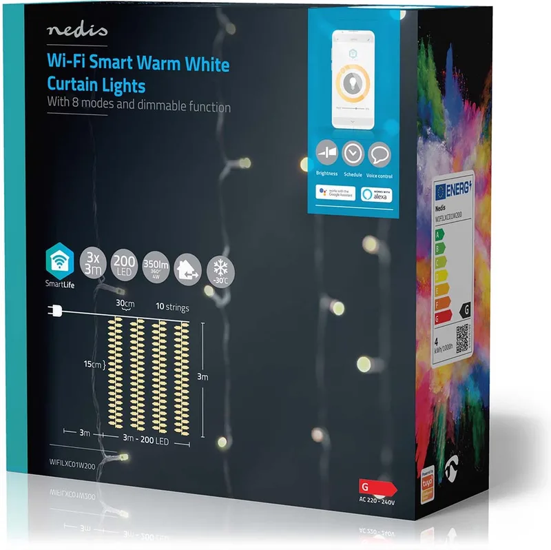 SmartLife-kerstverlichting - Gordijn - Wi-Fi - Warm Wit - 200 LED's - 3.00 m - Android / IOS by Nedis – product photo