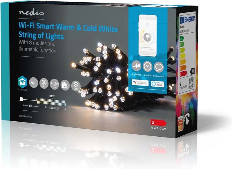 SmartLife-kerstverlichting - Koord - Wi-Fi - Warm tot Koel Wit - 50 LED's - 5.00 m - Android / IOS by Nedis – product photo