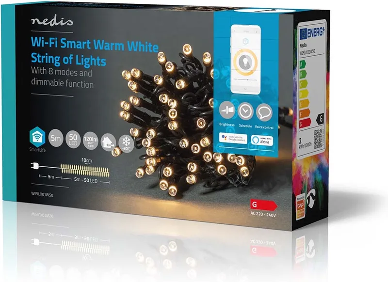 SmartLife-kerstverlichting - Koord - Wi-Fi - Warm Wit - 50 LED's - 5.00 m - Android / IOS van Nedis – productfoto