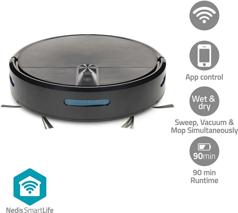 SmartLife Robotstofzuiger - 2.000 Pa Zuigkracht - Dweilfunctie - Incl. App van Nedis in Zwart – productfoto