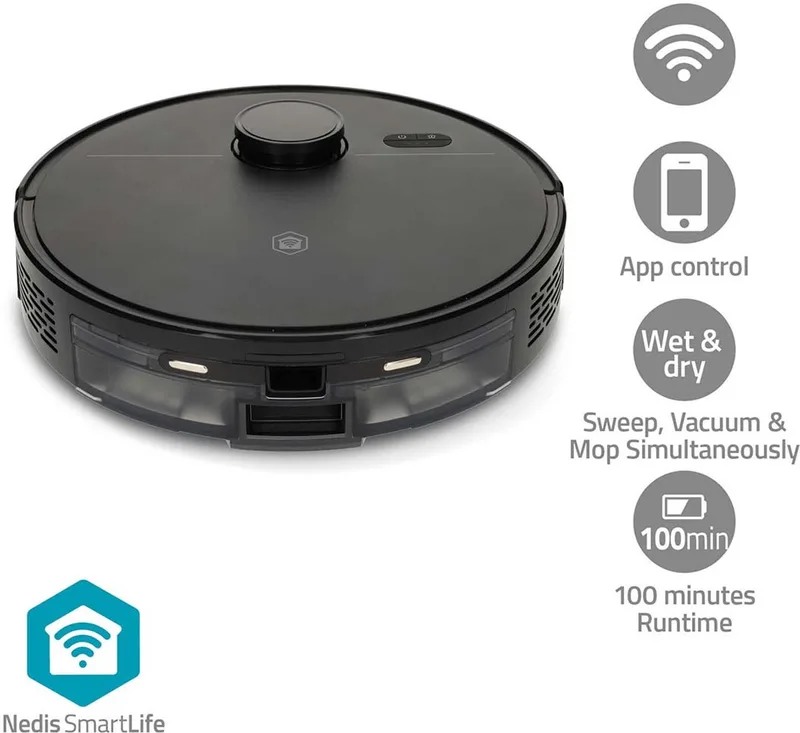 SmartLife Robotstofzuiger - 4500 Pa Zuigkracht - Dweilfunctie - met App van Nedis in Zwart – productfoto