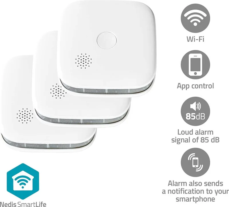 SmartLife Rookmelder – WiFi – 10 Jaar Batterij – Voldoet aan Europses norm EN14604 – 3 stuks by Nedis in White – product photo