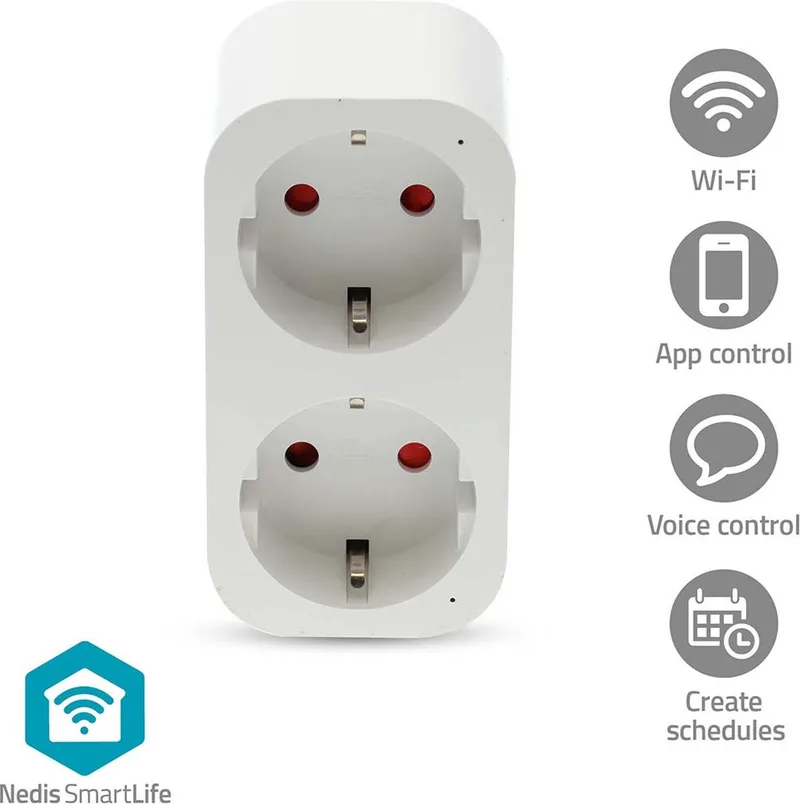 SmartLife Slimme Stekker – Smart Plug – 2 Wegs – WiFi – Met Energiemeter – 3680W – iOS / Android – 1 Stuk van Nedis in Wit – productfoto