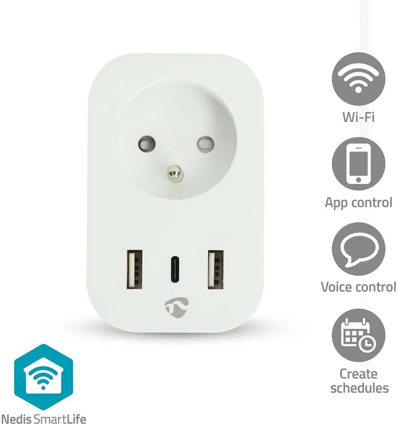 SmartLife Slimme Stekker – Smart Plug – USB-C & USB – Tijdschakelaar – Energiemeter – 1 Stuk by Nedis in White – product photo