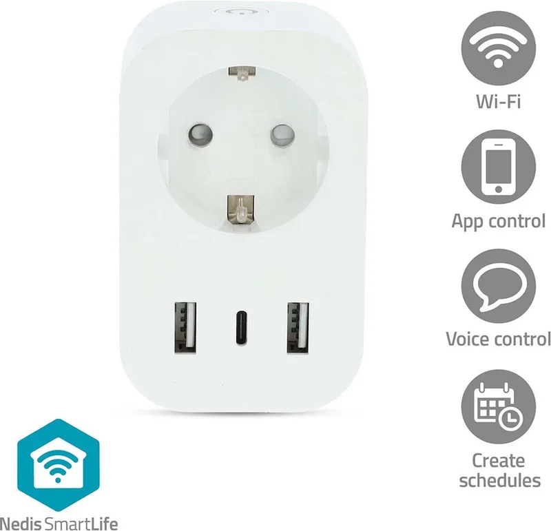 SmartLife Slimme Stekker – Smart Plug – WiFi – Energiemeter & Tijdschakelaar – 3680W – App & Spraak – iOS / Android – 1 Stuk von Nedis in Weiß – Produktfoto
