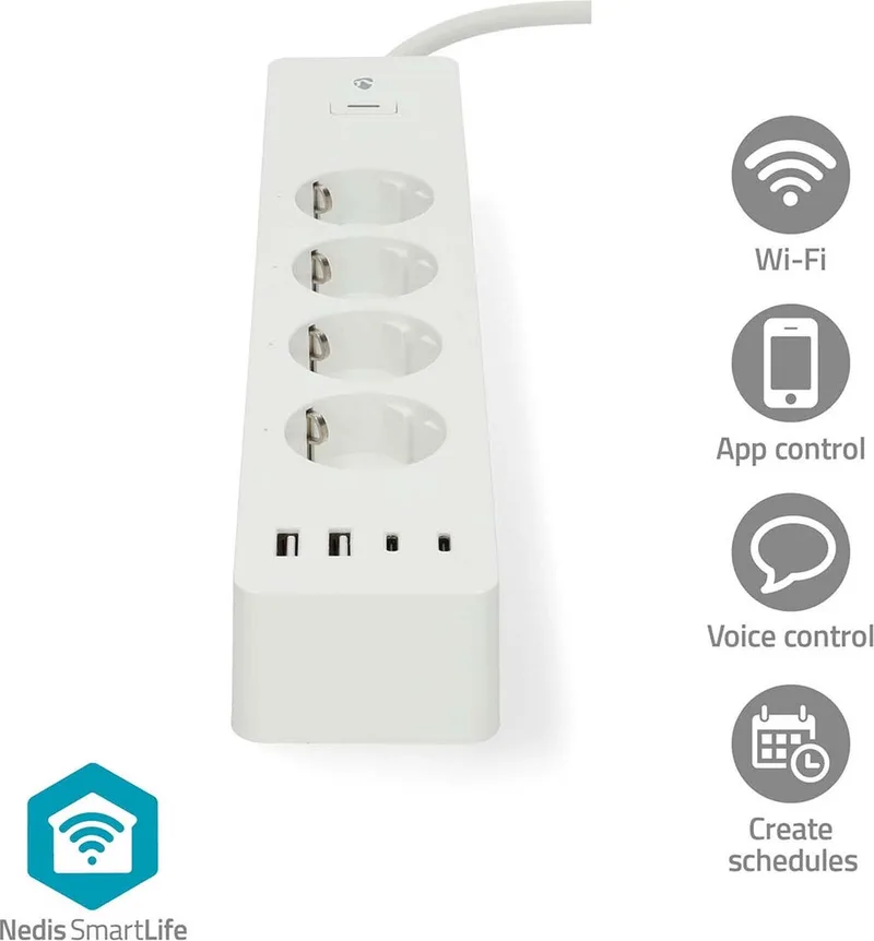 SmartLife Smart Stekkerdoos – WiFi – USB-A/C – 3680W – 2m – Wit by Nedis in Wit – WIFIP313FWT – product photo