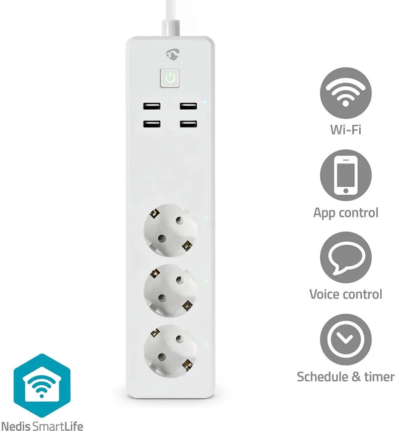 SmartLife Stekkerdoos - Wi-Fi - 3x Randaarde stekker (CEE 7/3) / 4 x USB - 16.0 A - 3680 W - 1.80 m - -10 - 40 °C - Android / IOS de Nedis en Blanc – photo produit