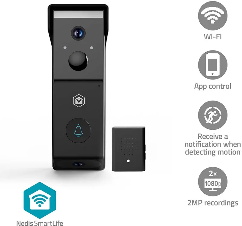 SmartLife Video Deurbel - 1080p Full HD - Dual-Cam Technologie - Zonder abonnement - Bewegingssensor - Nachtzicht - Deurbel draadloos - Zwart van Nedis in Zwart – WIFICDP31BK – productfoto
