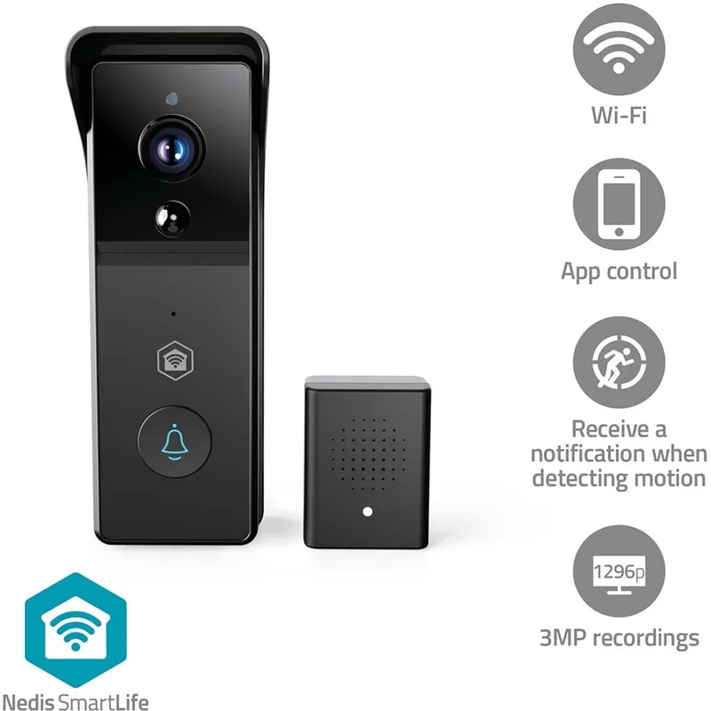SmartLife Video Deurbel - 3MP Ultra HD - Zonder abonnement - Bewegingssensor - Deurbel draadloos - Deurbel met Camera - Zwart von Nedis in Zwart – WIFICDP21BK – Produktfoto