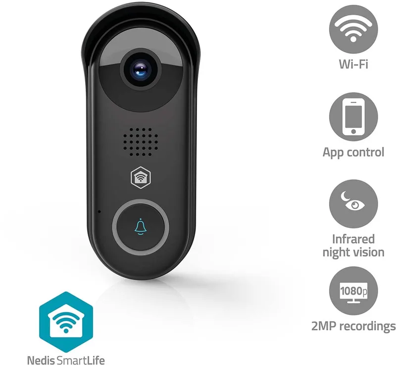 SmartLife Video Deurbel - Met Camera - Zonder abonnement - Nachtzicht - Full HD 1080p von Nedis in Schwarz – Produktfoto