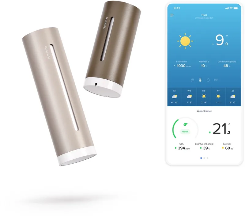 Slim Weerstation ORIGINAL – 2e Generatie – CO2 & Geluidsmeter – Temperatuur, Luchtkwaliteit, UV & Pollen – Binnen & Buiten – Werkt met Apple Home, Alexa, Google by Netatmo in Sand – product photo