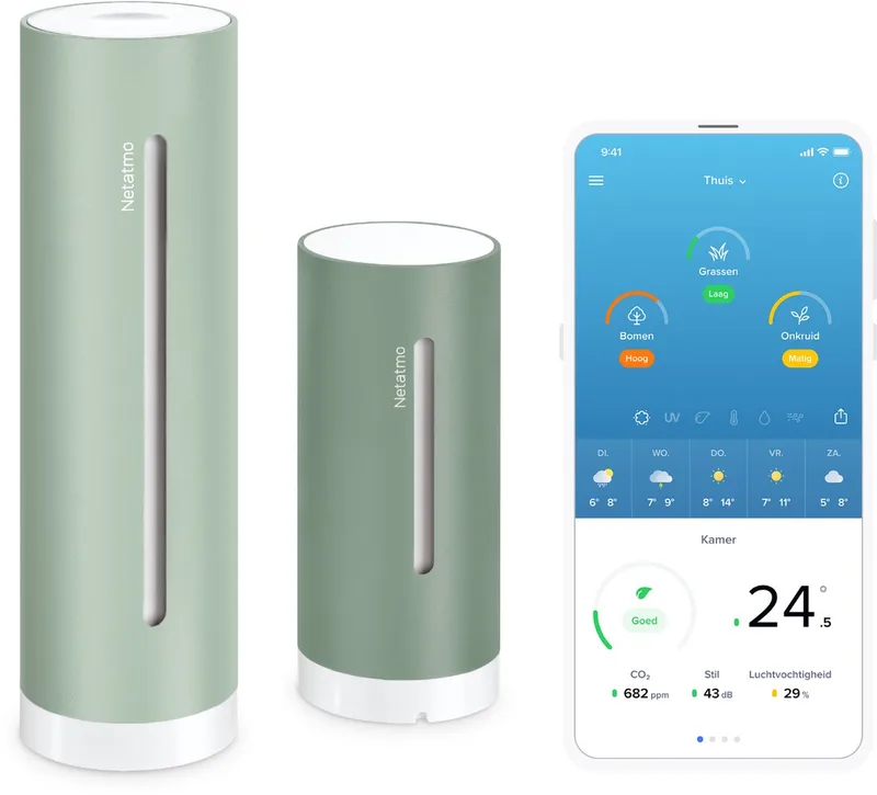 Slim Weerstation ORIGINAL – 2e Generatie – CO2 & Geluidsmeter – Temperatuur, Luchtkwaliteit, UV & Pollen – Binnen & Buiten – Werkt met Apple Home, Alexa, Google fra Netatmo i Mint – produktbillede