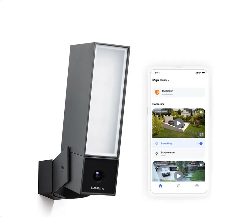 Slimme Bewakingscamera - Bewakingscamera voor Buiten - Camerabewaking - met Bewegingsdetectie, Nachtzicht en Ingebouwde Verlichting - 1 Stuk van Netatmo in Zwart – productfoto