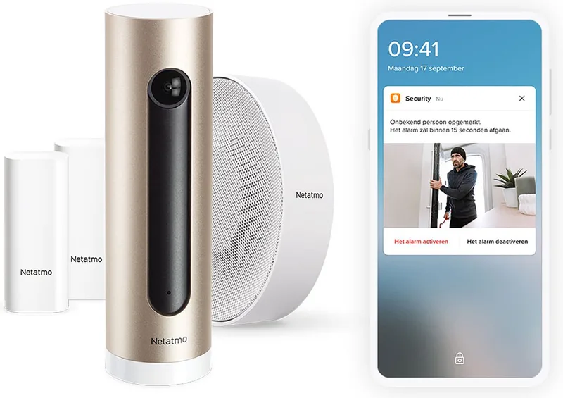 Slimme Binnencamera Bundle - 1x Binnencamera, 1x Alarm en 2x Sensoren - Bewegingsdetectie - Nachtzicht - Werkt met Google Home en Apple HomeKit van Netatmo in Goud – productfoto