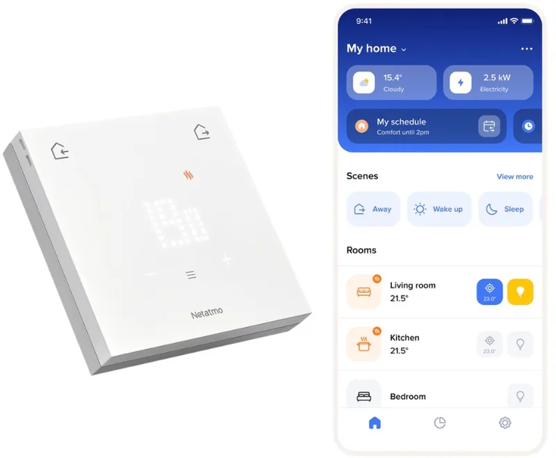 Slimme Thermostaat ORIGINAL – Draadloze Smart Thermostaat – App Bediening, Energiebesparing & Verbruiksinzicht – Matter Compatibel – Werkt met Apple Home, Google Home, Alexa & SmartThings – Wit van Netatmo in NEW – V2 Thermostaat Draadloos – productfoto