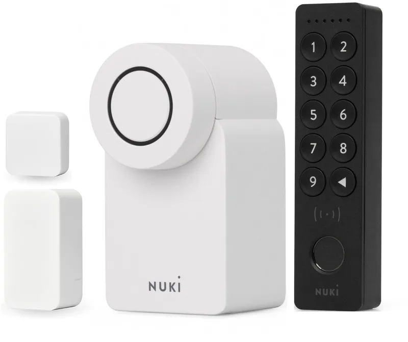 Smart Lock Go – Incl. Keypad 2 NFC & Door Sensor - Slim Deurslot met Bluetooth & Matter – Sleutelloos, Auto Unlock & Auto Lock – Werkt met Google Home, Alexa & Apple Home – Wit by Nuki in Nuki Go + Keypad 2 NFC + Door Sensor – product photo