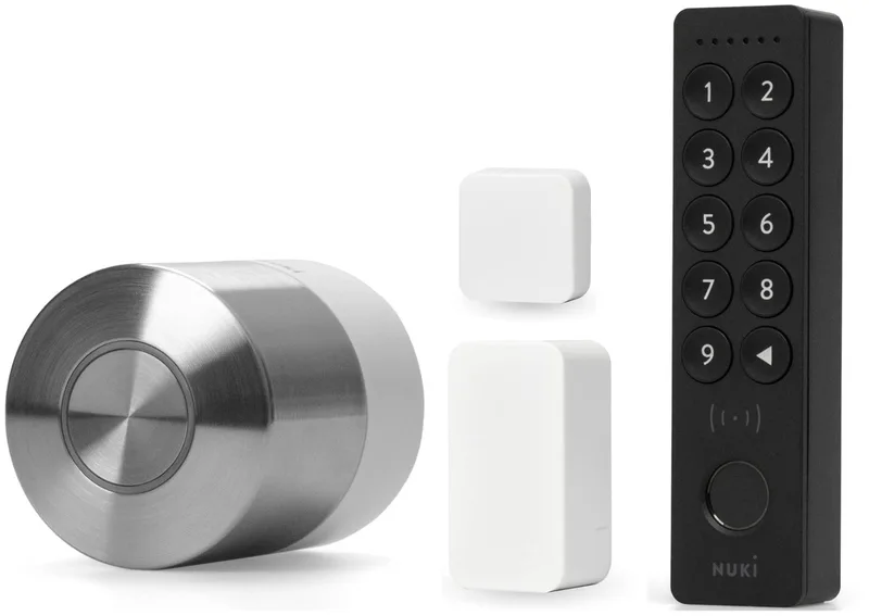 Smart Lock Pro – Incl. Keypad 2 NFC & Door Sensor - Slim Deurslot met Wifi – Lock ‘n’ Go, Nachtmodes & Auto Unlock - Voor Apple Home, Google & Alexa - RVS - Zwart & Wit van Nuki in Smart Lock Pro + Keypad 2 NFC + Door Sensor – productfoto