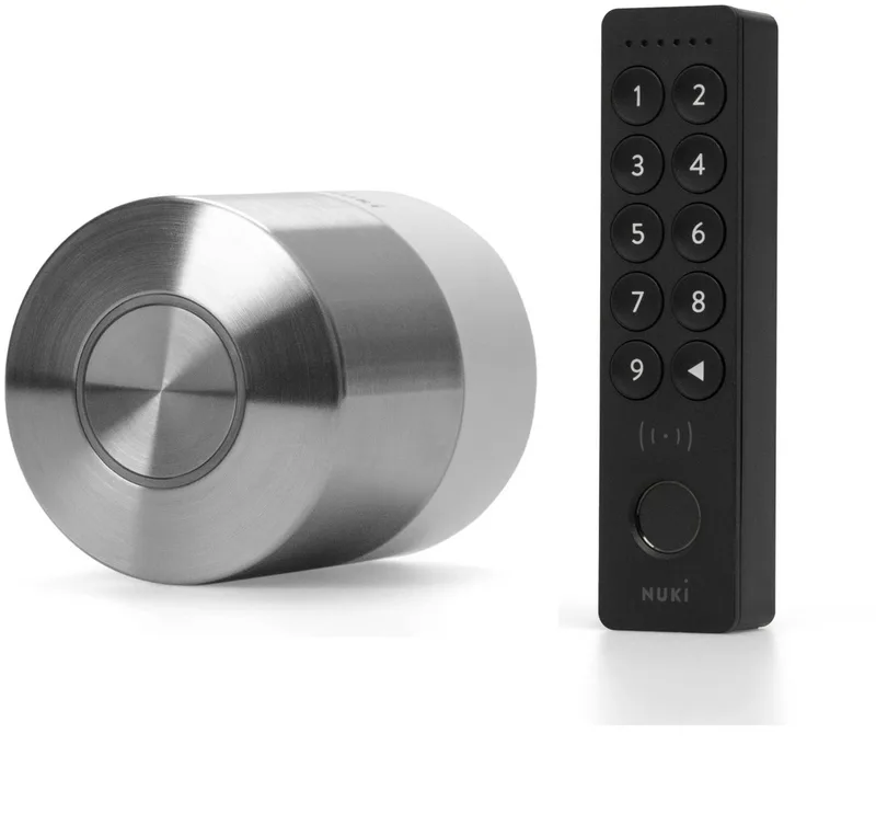 Smart Lock Pro – Incl. Keypad 2 NFC - Slim Deurslot met Wifi – Lock ‘n’ Go, Nachtmodes & Auto Unlock - Voor Apple Home, Google & Alexa - RVS - Zwart & Wit by Nuki in Smart Lock Pro + Keypad 2 NFC – product photo