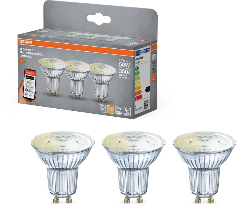 LED Spot PAR16 GU10 Warm White 3-pack, dimbaar, Matter-compatibel, app- en spraakbediening, 4,7 W, 2700 K, reflectorvorm von OSRAM SMART+ in Silber – Produktfoto