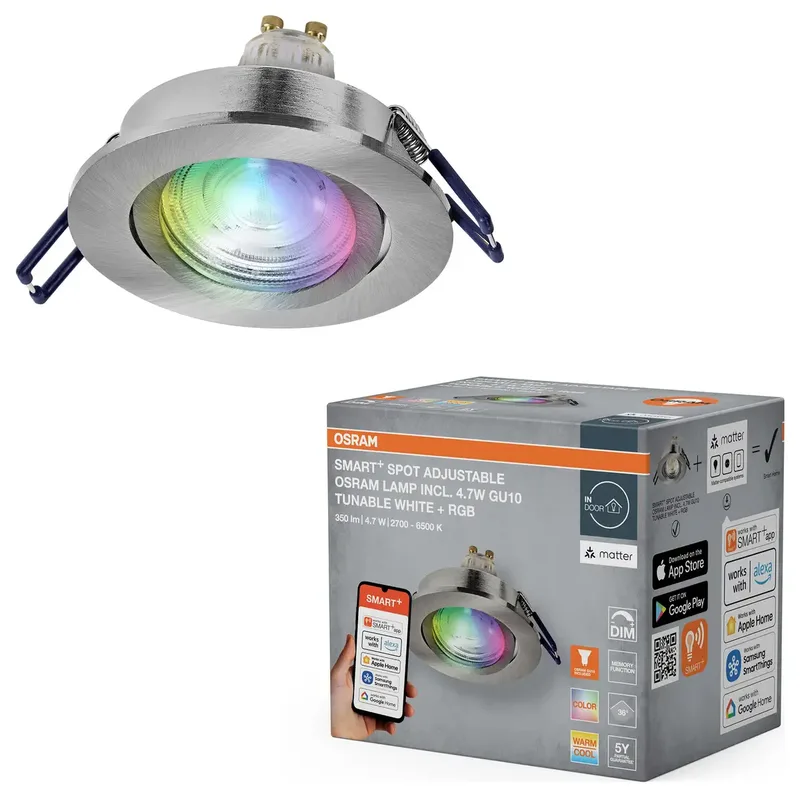 Matter LED Spot GU10 RGBW Flexibel Satin-Nickel, 4,7W Smart Home, Aluminium, App-Steuerung Farbwechsel van OSRAM SMART+ – productfoto 2 van 2